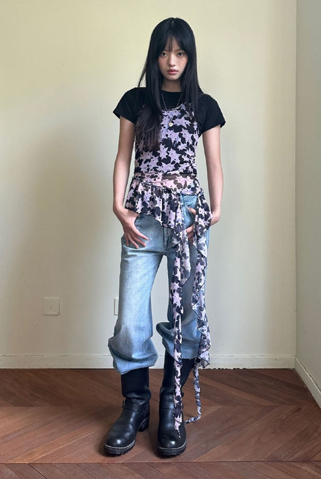 NeverSeez Hand Distressed Micro Flare Jeans in Light Blue