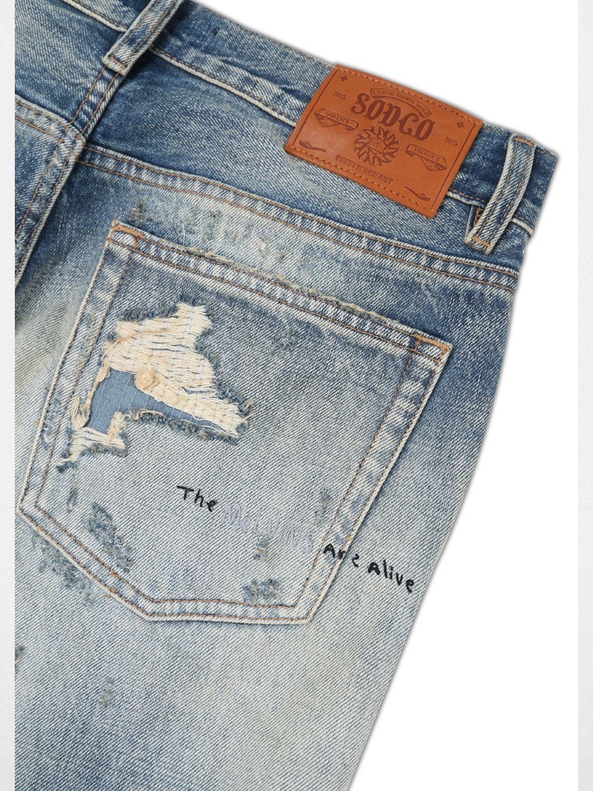 SOD Distressed Graffiti Embroidered Jeans in Blue - Detail