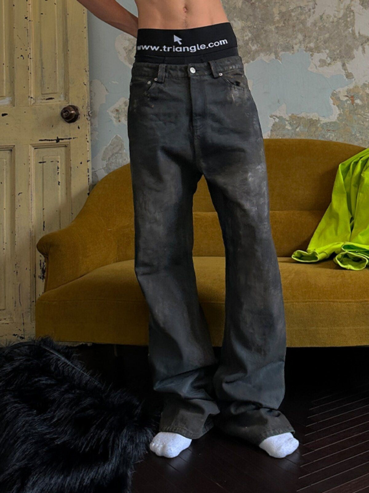 TRIANGLE PROJECT Mud Dyed Hand Painted Distressed Jeans in Dark Gray - On Model