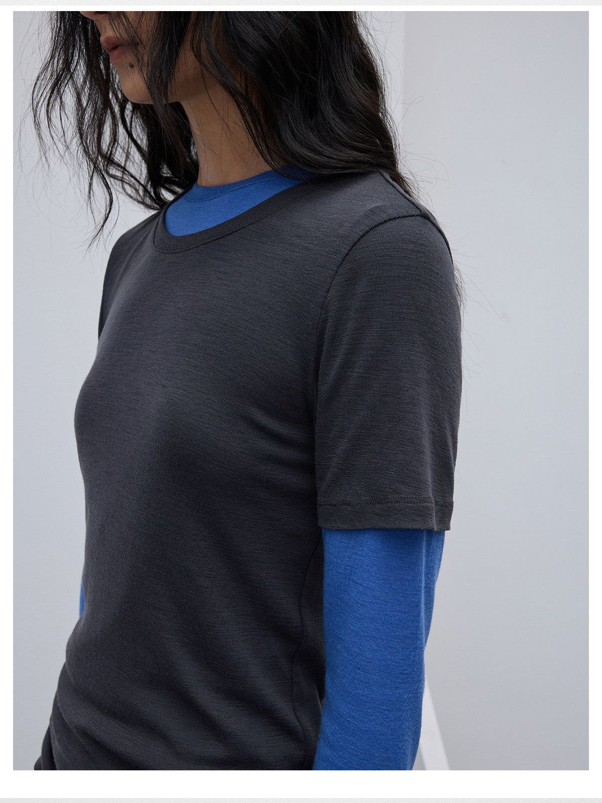 RandomPiece Lambswool Scoop Neck Tee in Gray - On Model
