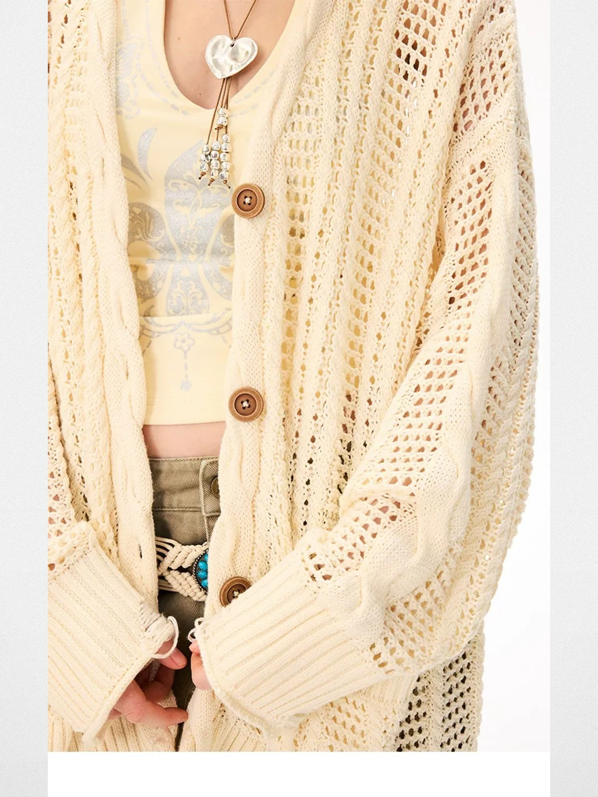BeerBro Wool Pointelle Knit Cardigan in White - On Model
