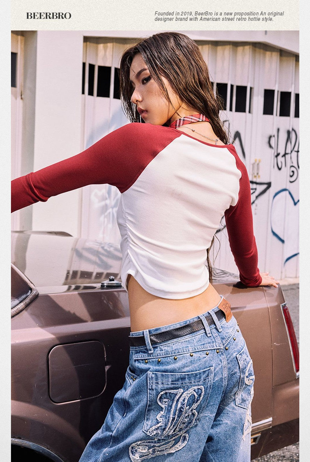 BeerBro Rock Graphic Raglan Tee in Red - On Model