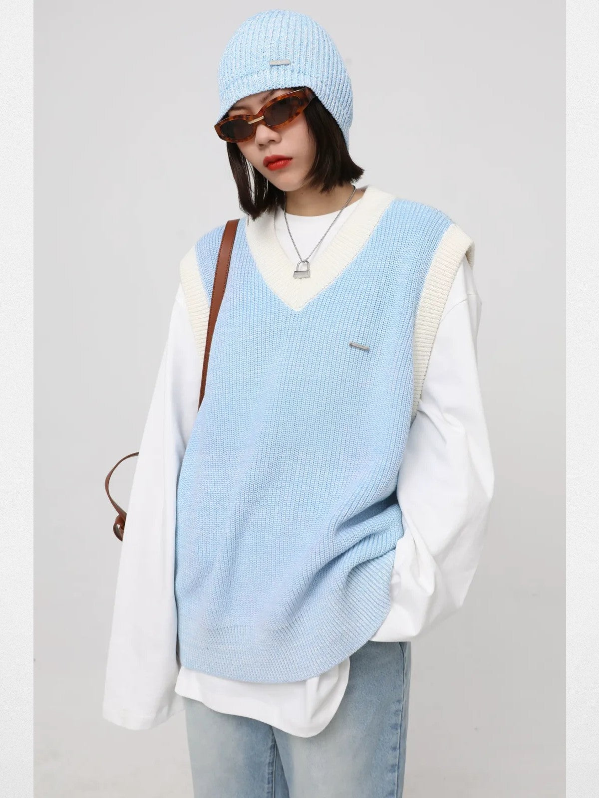 MASONPRINCE Contrast Trim V Neck Knit Vest in Sky Blue - On Female Model