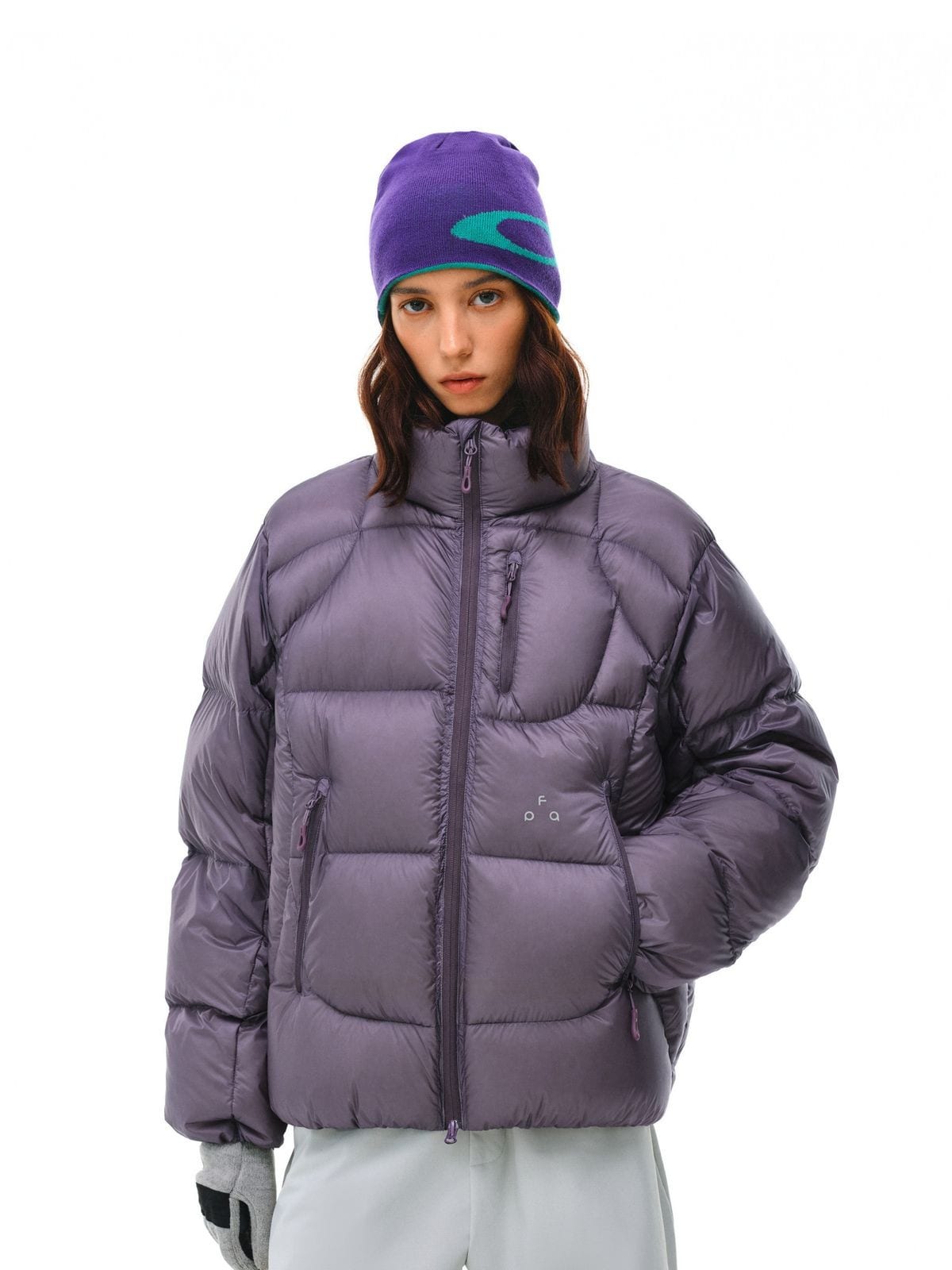 FPA Stand Collar Goose Down Puffer in Purple - On Female Model