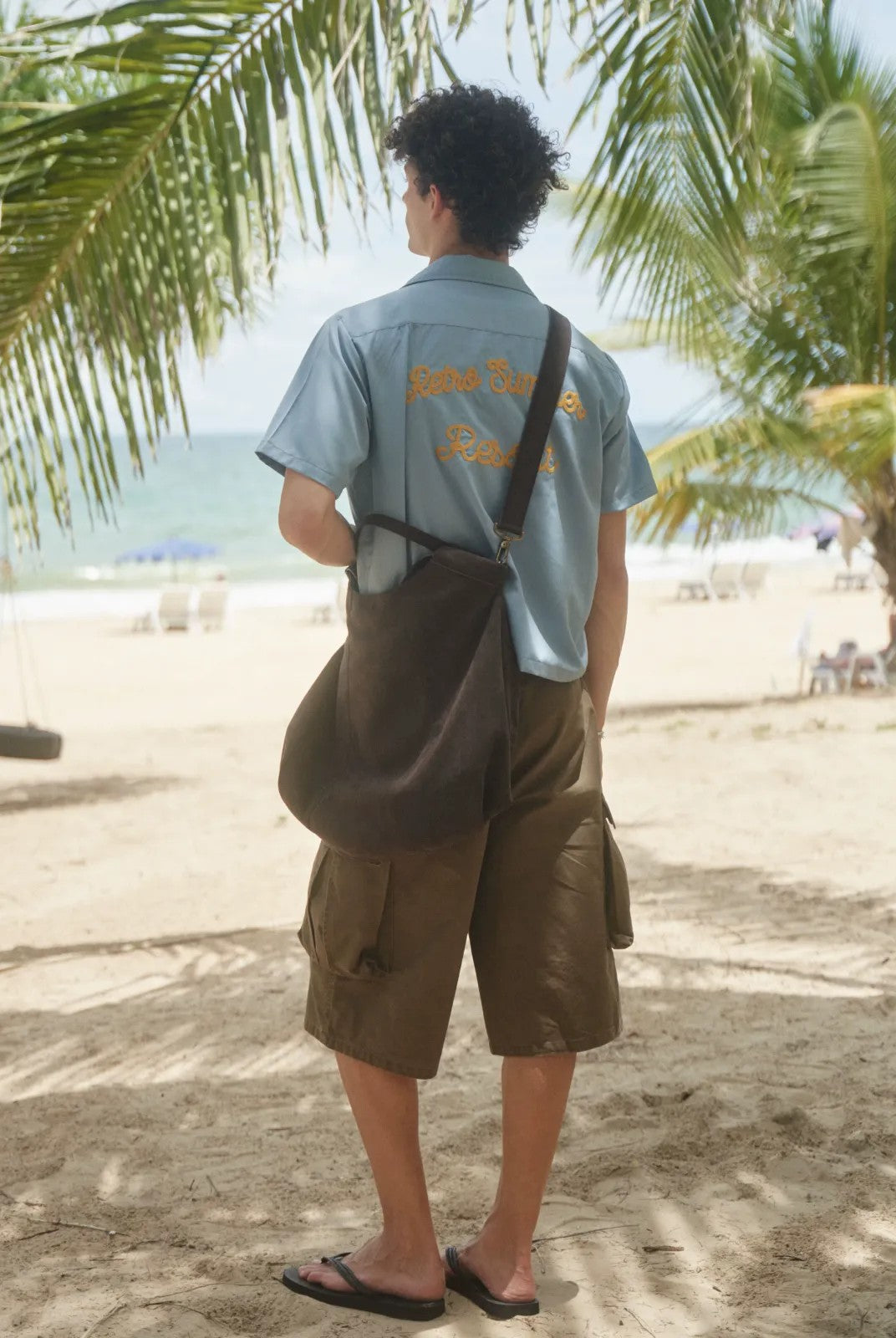 Retro 21 Chenille Embroidered Camp Collar Shirt in Blue - On Model
