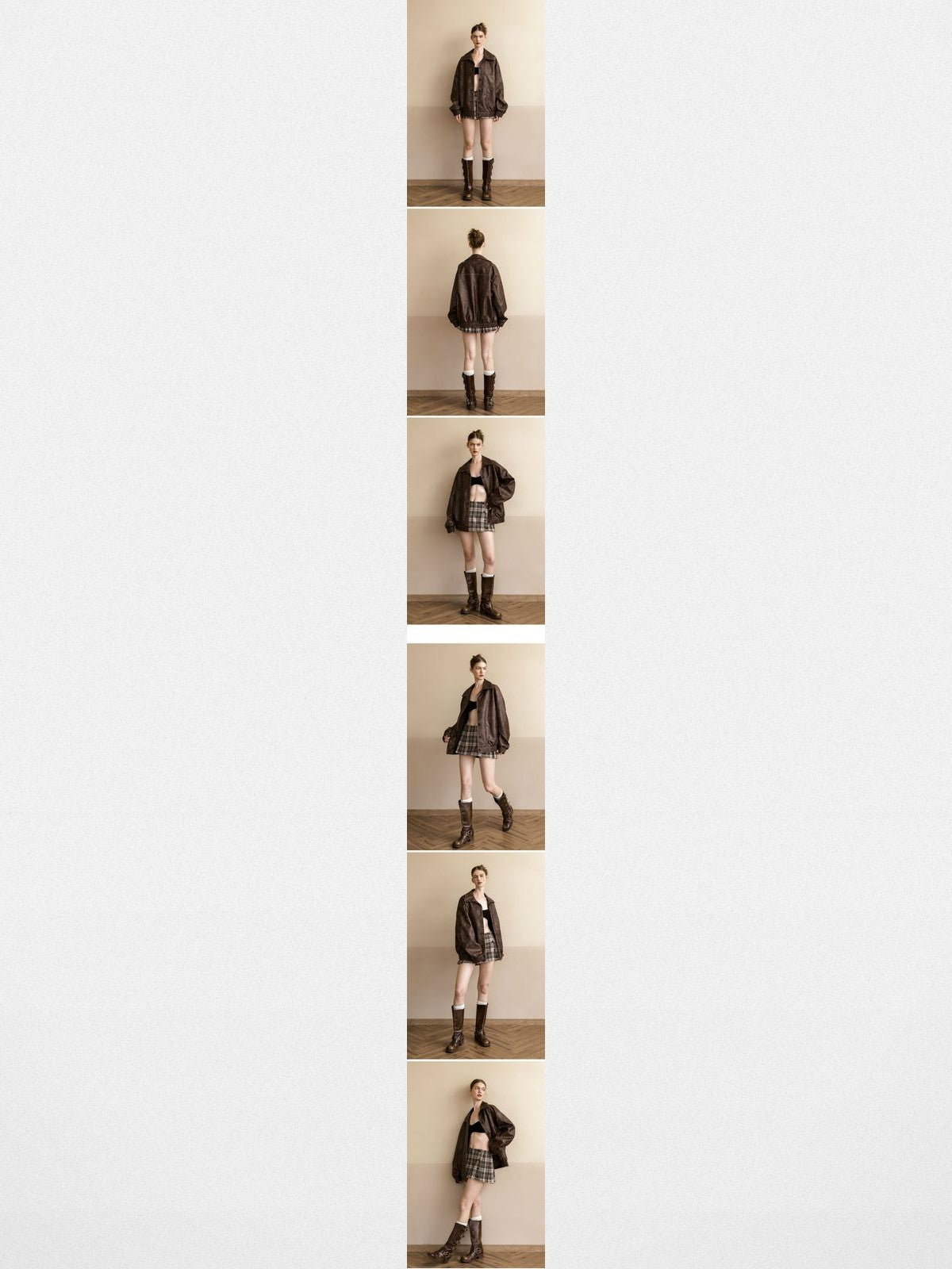 PUKI Distressed PU Leather Bomber Jacket in Brown - On Model