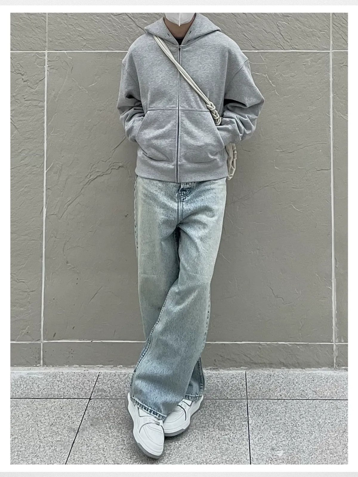 VLABMADE Boxy Cropped Zip Up Hoodie in Gray - On Male Model