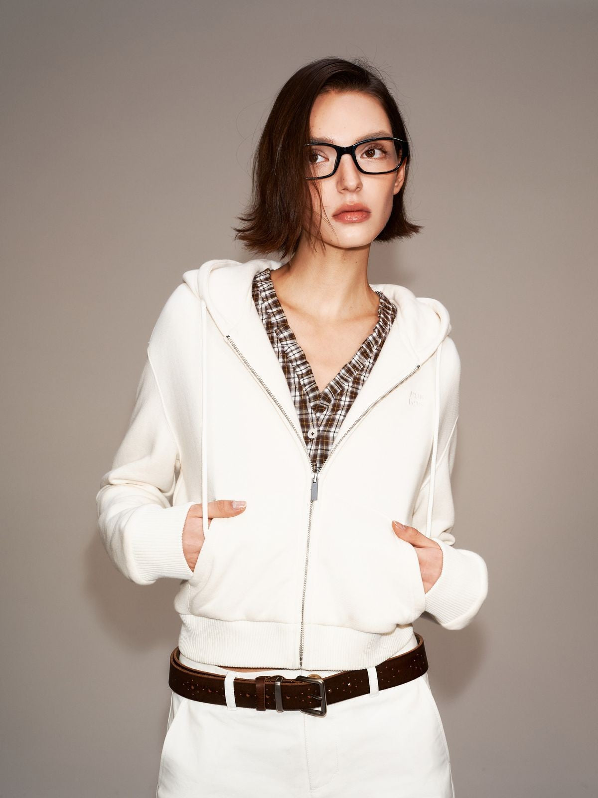 PUKI Cropped Cotton Blend Zip Hoodie in Cream - On Model