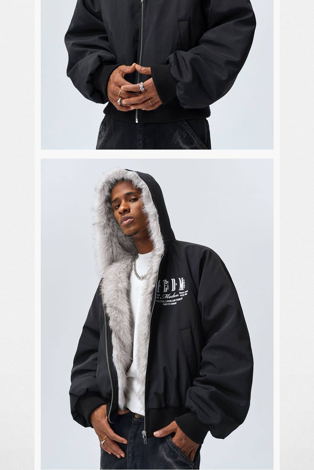 MEDM Faux Fur Hooded Padded Jacket in Black - On Male Model