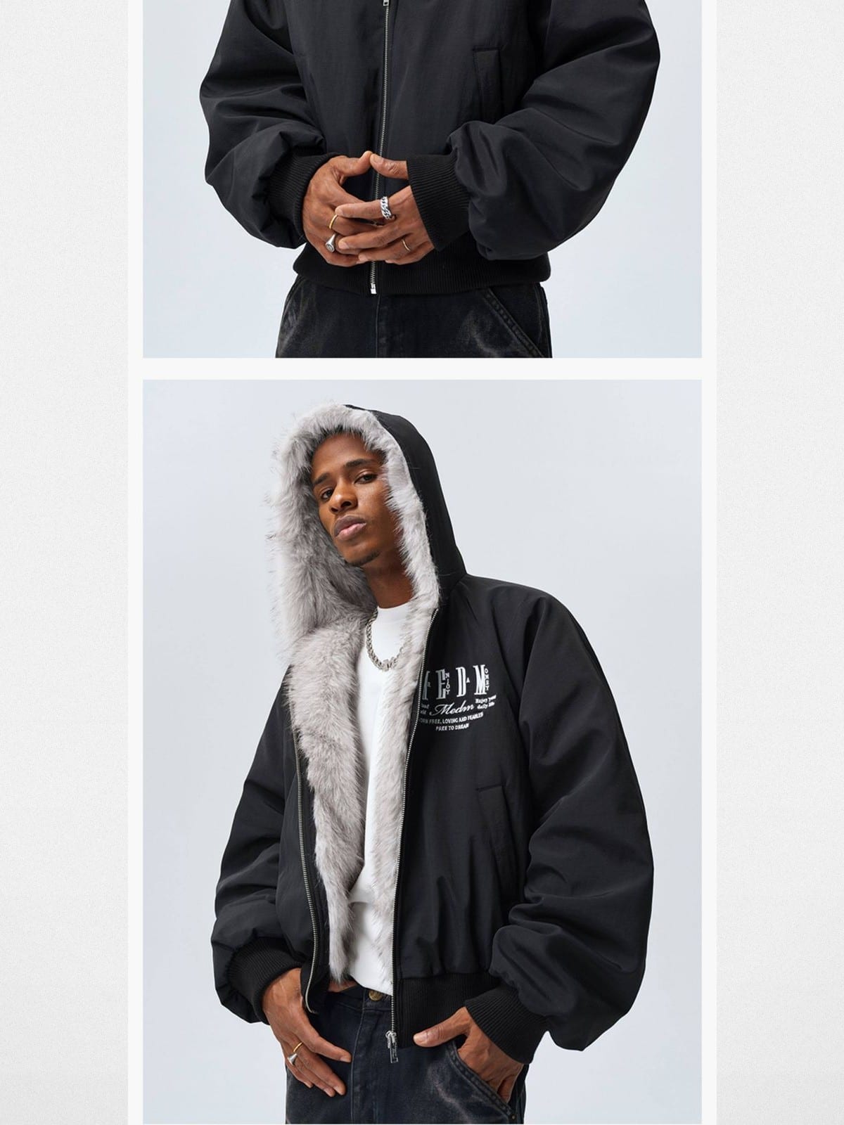 MEDM Faux Fur Hooded Padded Jacket in Black - On Male Model