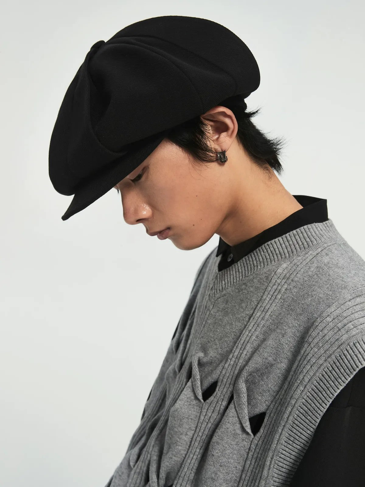 Simple Project Windmill Paneled Newsboy Cap in Black - On Male Model