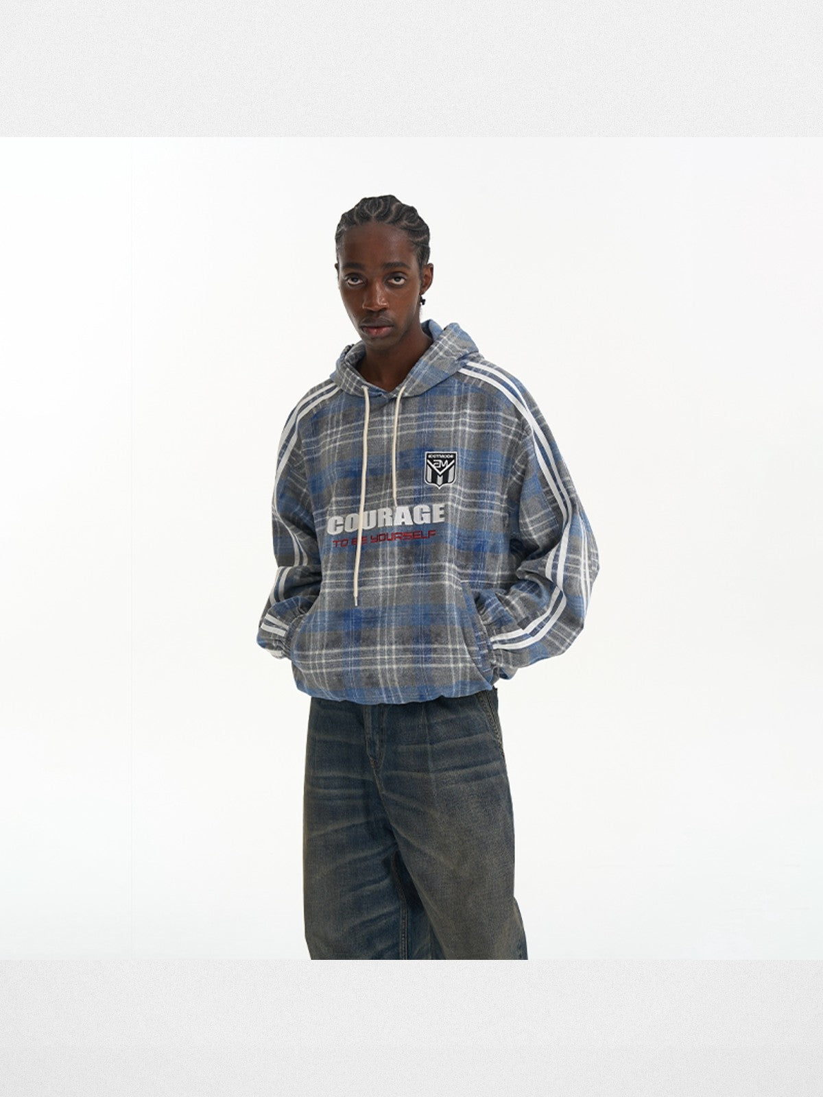 BLINDNOPLAN Plaid Spliced Pullover Hoodie in Blue (Blue) - On Model