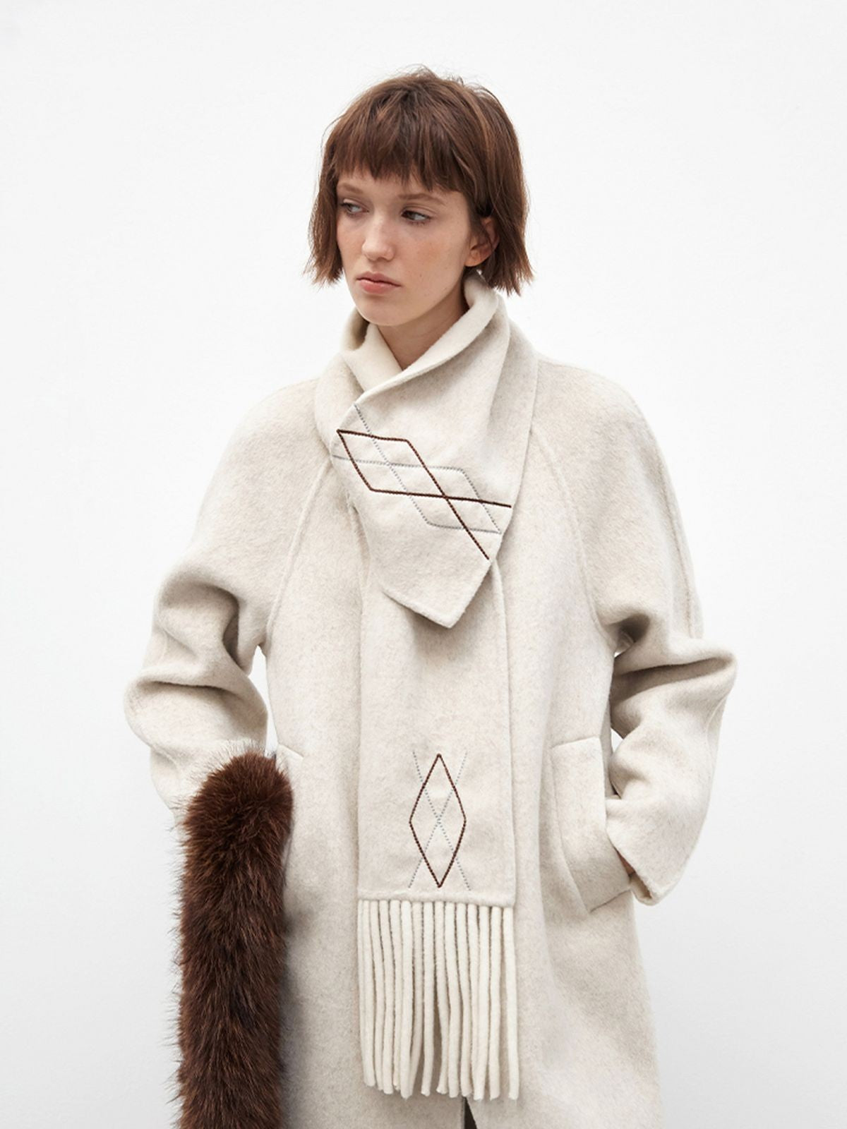 PUKI Diamond Fringe Scarf Wool Coat in Light Gray - On Model