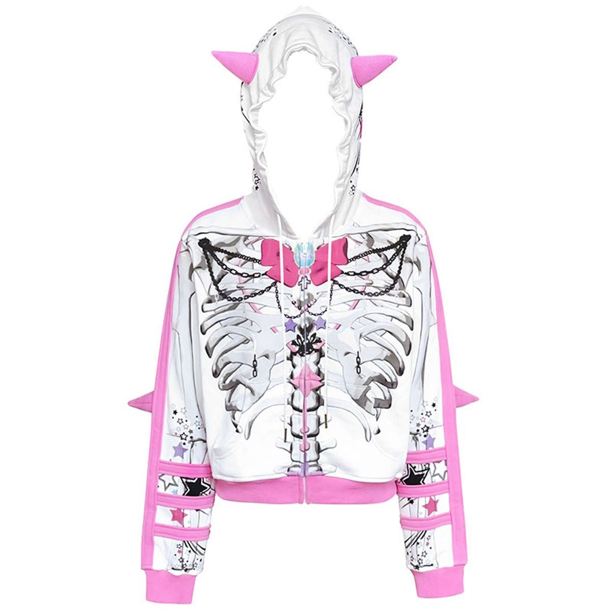 CFIERCE Bow Skull Horned Zip Hoodie in White