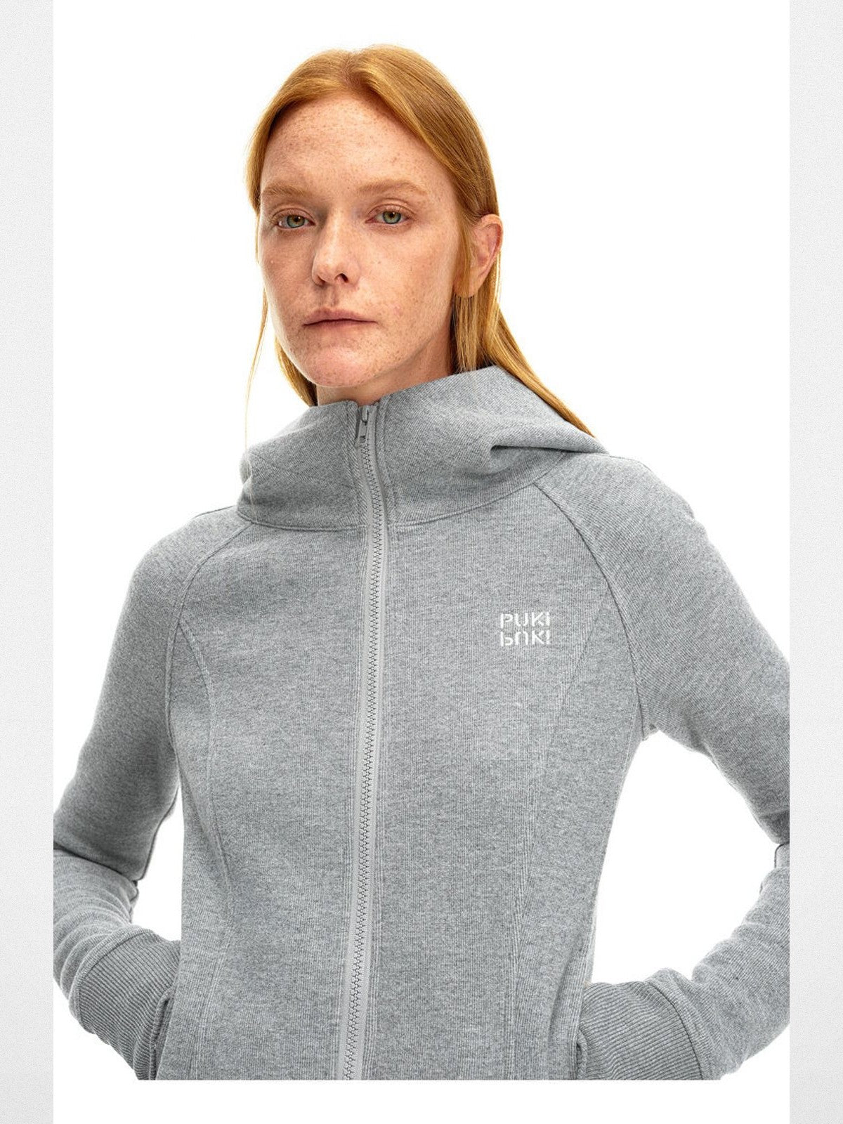 PUKI Panelled Zip Up Hoodie in Gray - On Model