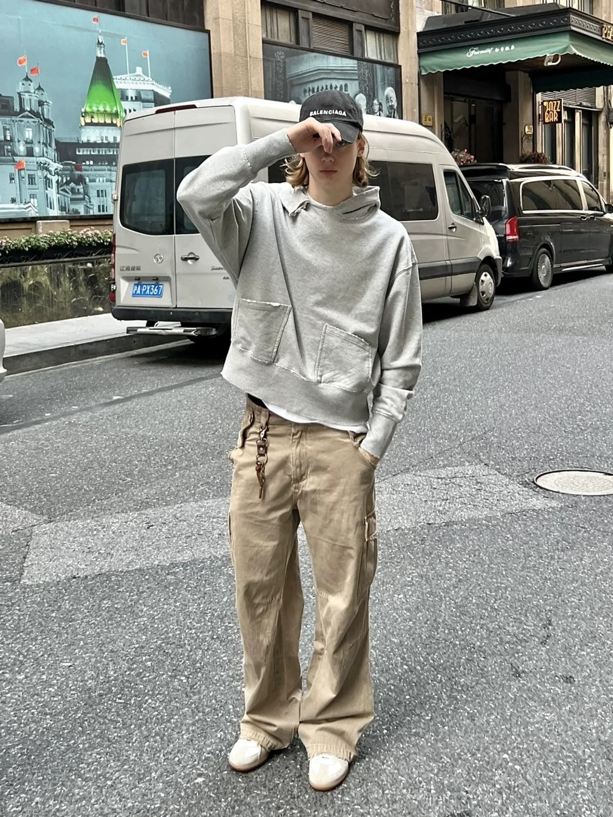 VLABMADE Distressed Paratrooper Cargo Pants in Beige - On Model