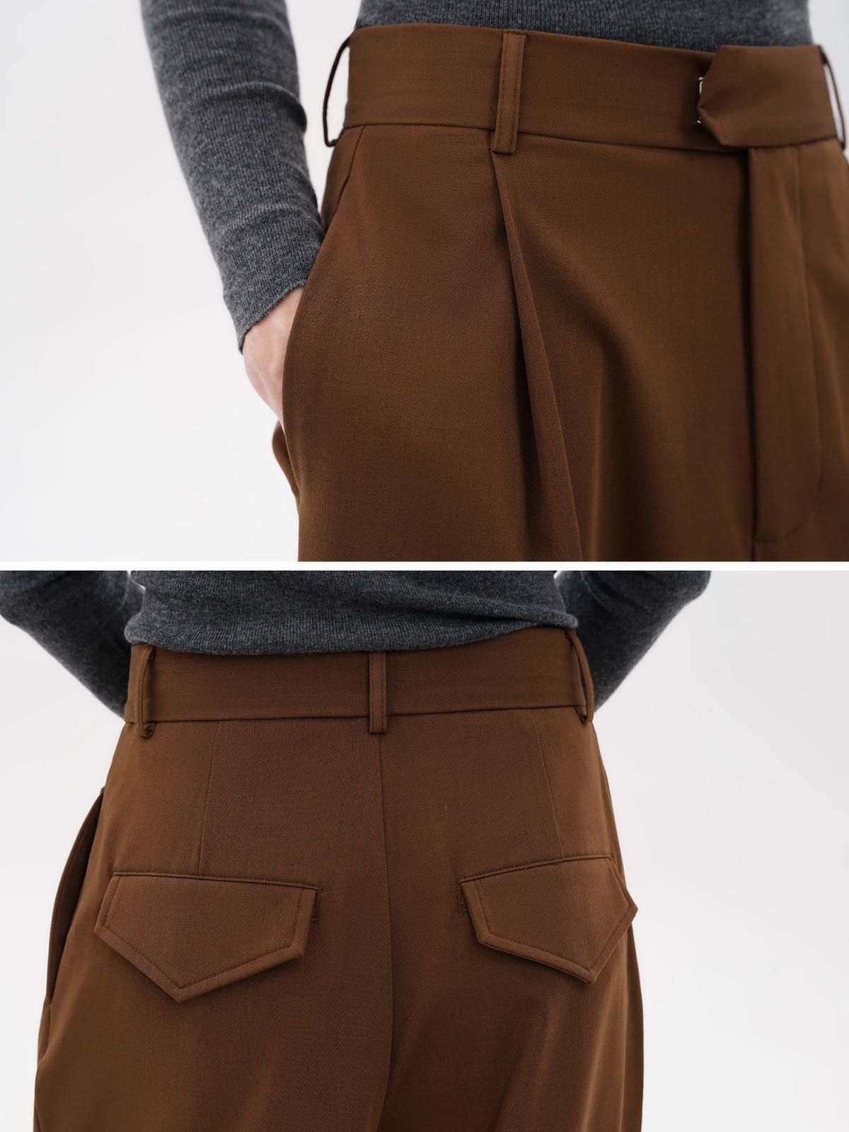 MasonPrince Pleated Wide Leg Suit Trousers in Brown - Detail
