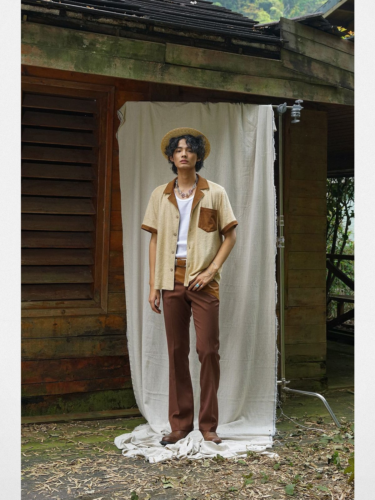 Retro 21 Spliced Wool Blend Knit Shirt in Cream - On Model