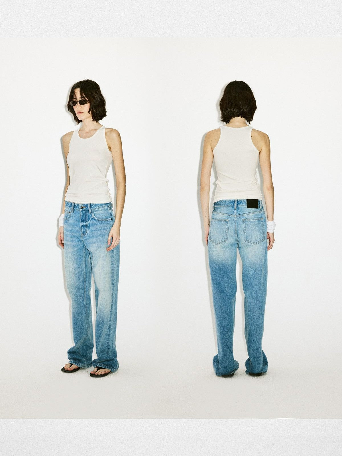 alright then Faded Mid Low Rise Straight Jeans in Blue - On Model