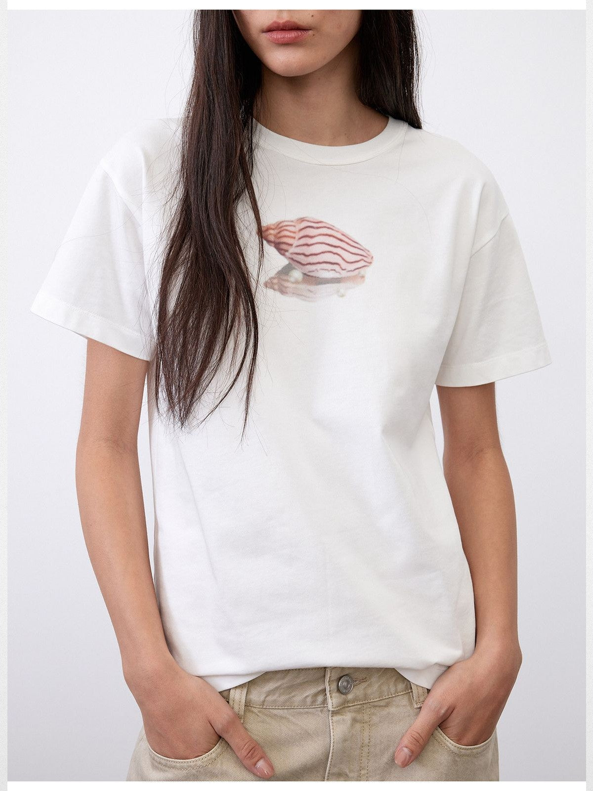 RandomPiece Shell Print Cotton Blend T Shirt in White - On Model