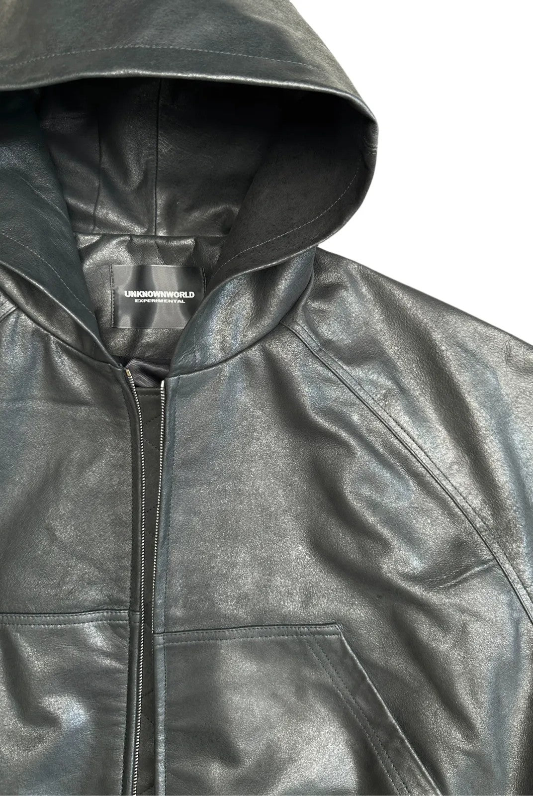 UNKNOWNWORLD Matte Distressed Cowhide Hooded Bomber in Black - Detail