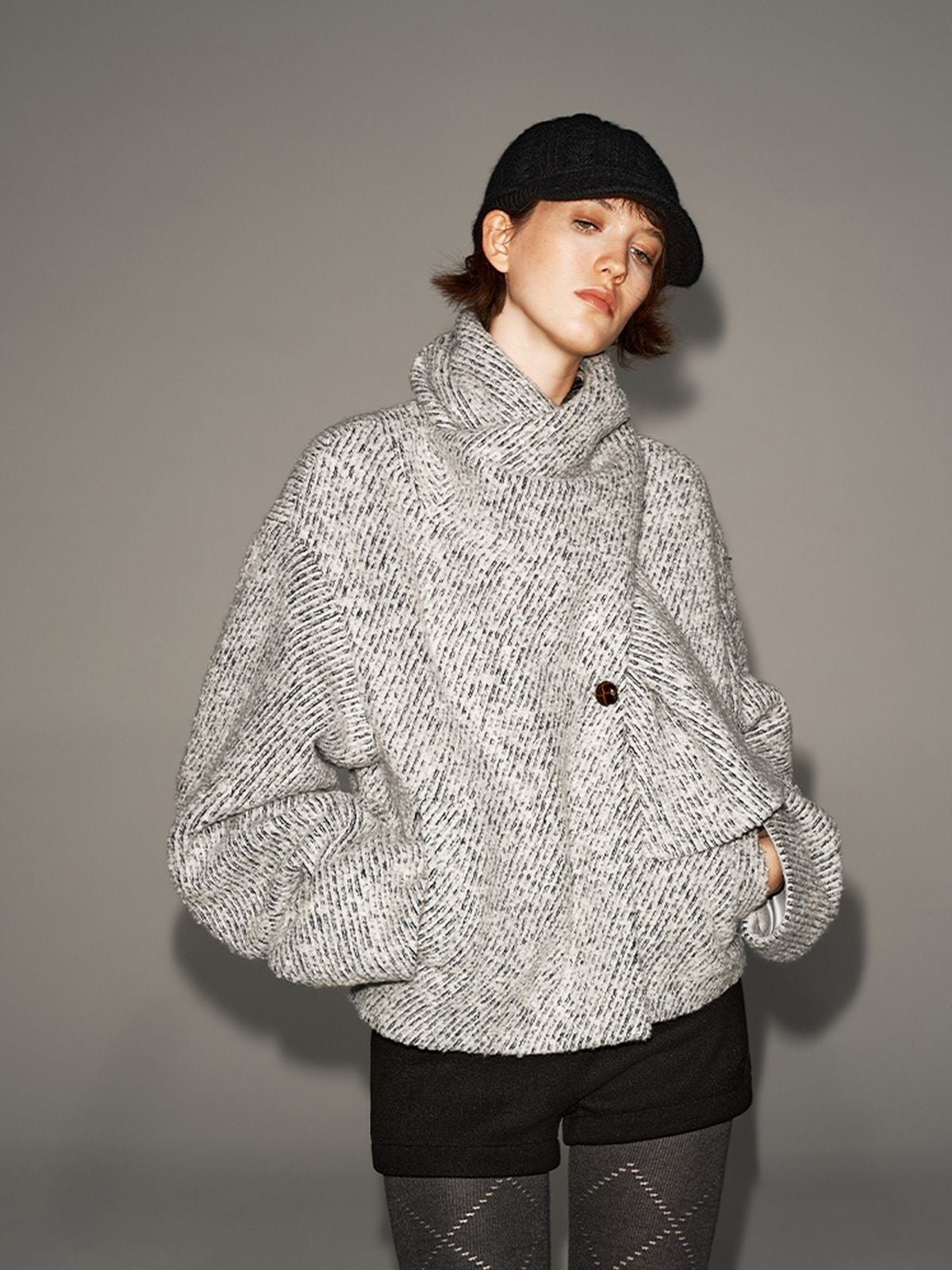PUKI Scarf Collar Wool Tweed Jacket in Gray - On Model
