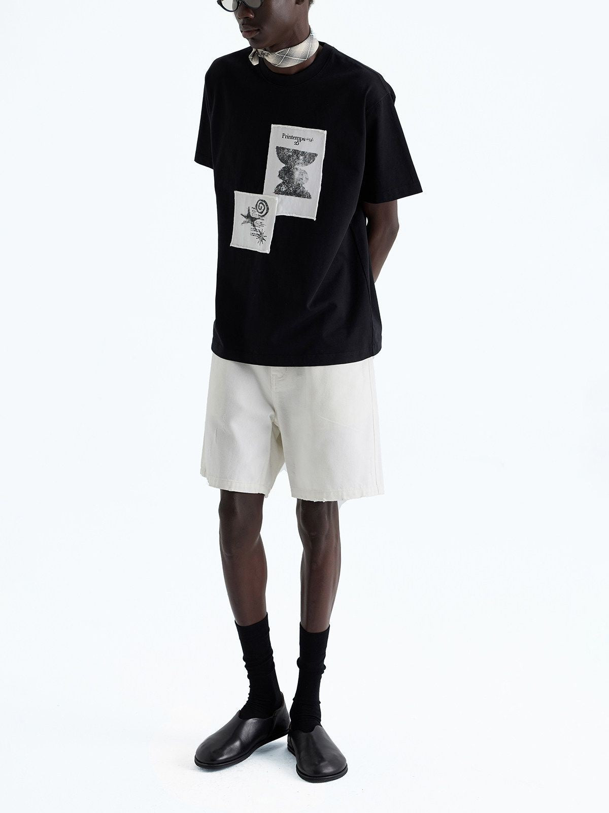 NANS Raw Edge Appliqu Cotton T Shirt in Black - On Model