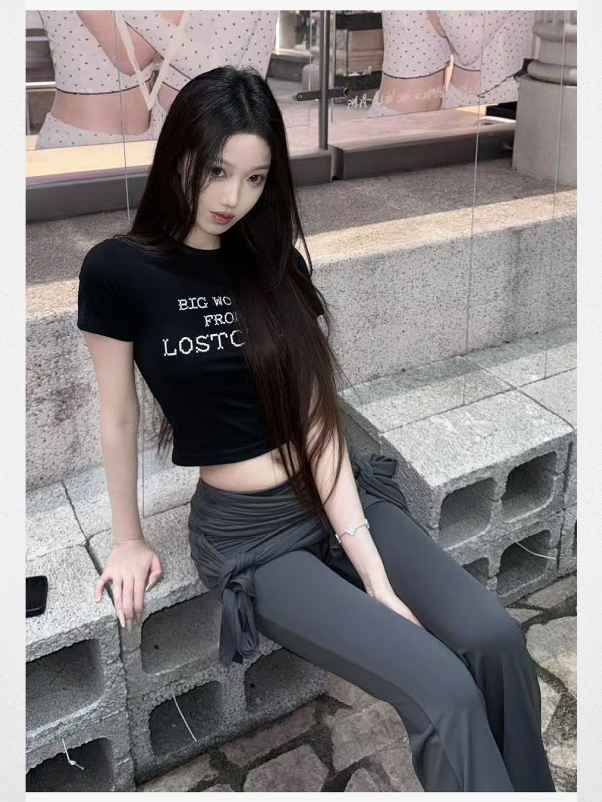 LOSTCTRL Cross Stitch Logo Cropped Tee in Black - On Model