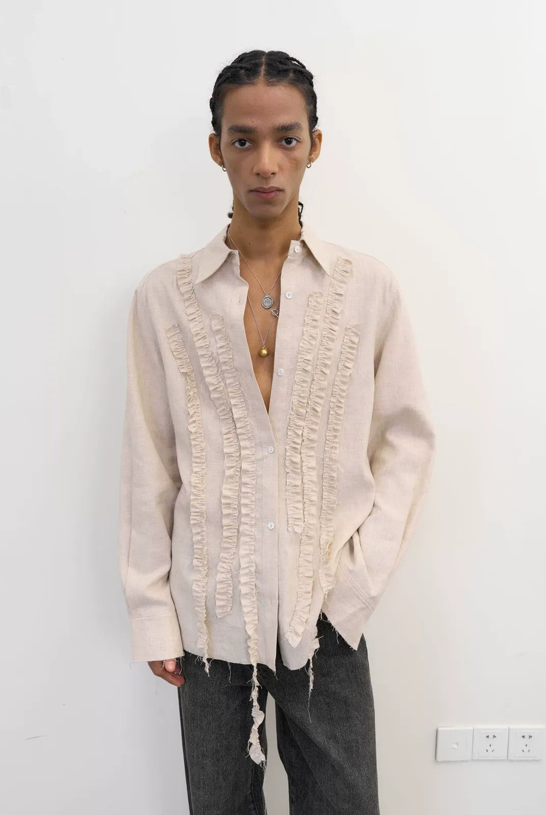 NeverSeez Lyocell Linen Fringe Shirt in Gray - On Model