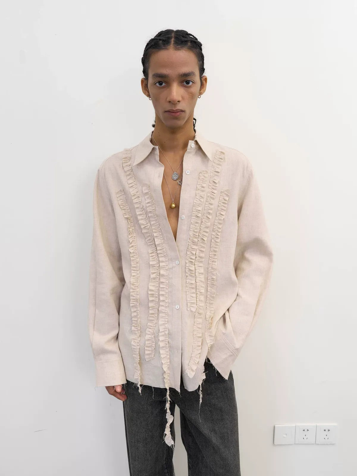 NeverSeez Lyocell Linen Fringe Shirt in Gray - On Male Model