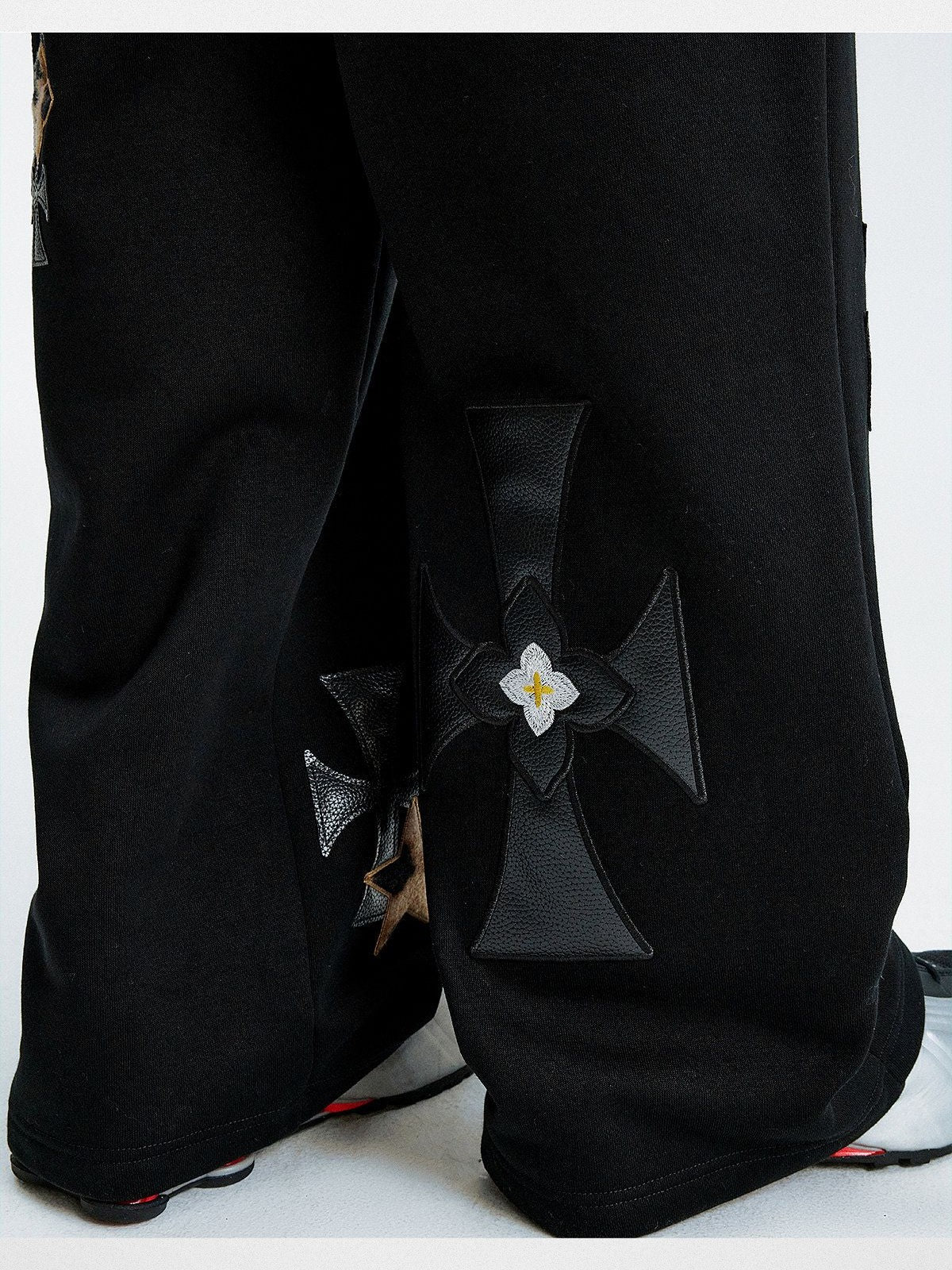 MEDM Leopard Patch Straight Leg Pants in Black - Detail