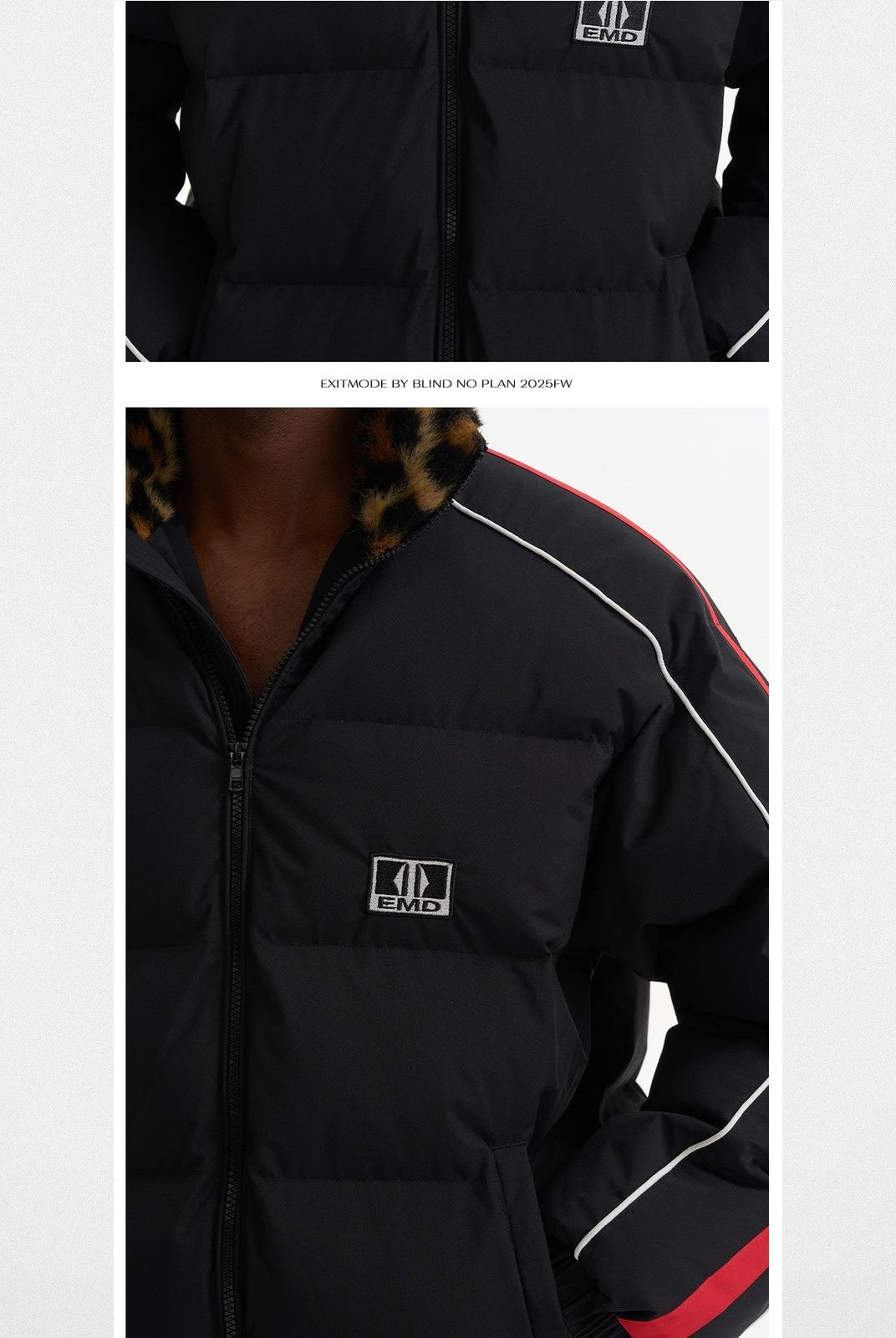 BLINDNOPLAN Leopard Collar Puffer Jacket in Black - On Model