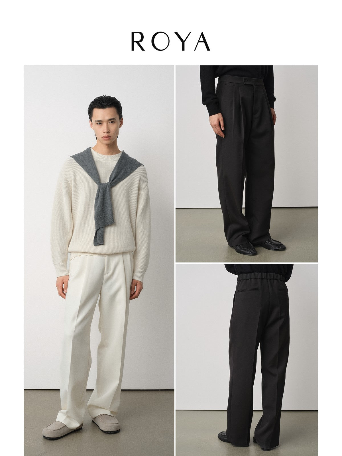 ROYA Pleated Acetate Wool Trousers in White - On Model