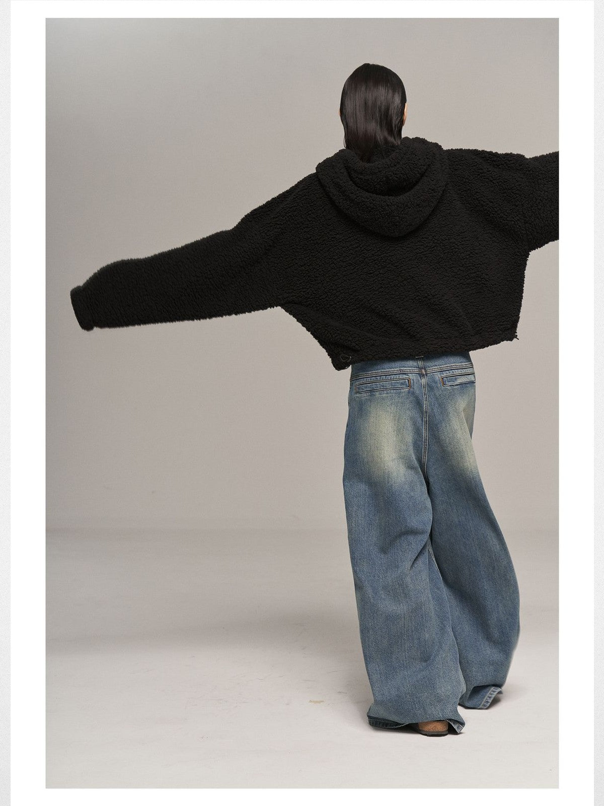 Alright then Oversized Teddy Fleece Hoodie in Black - On Model