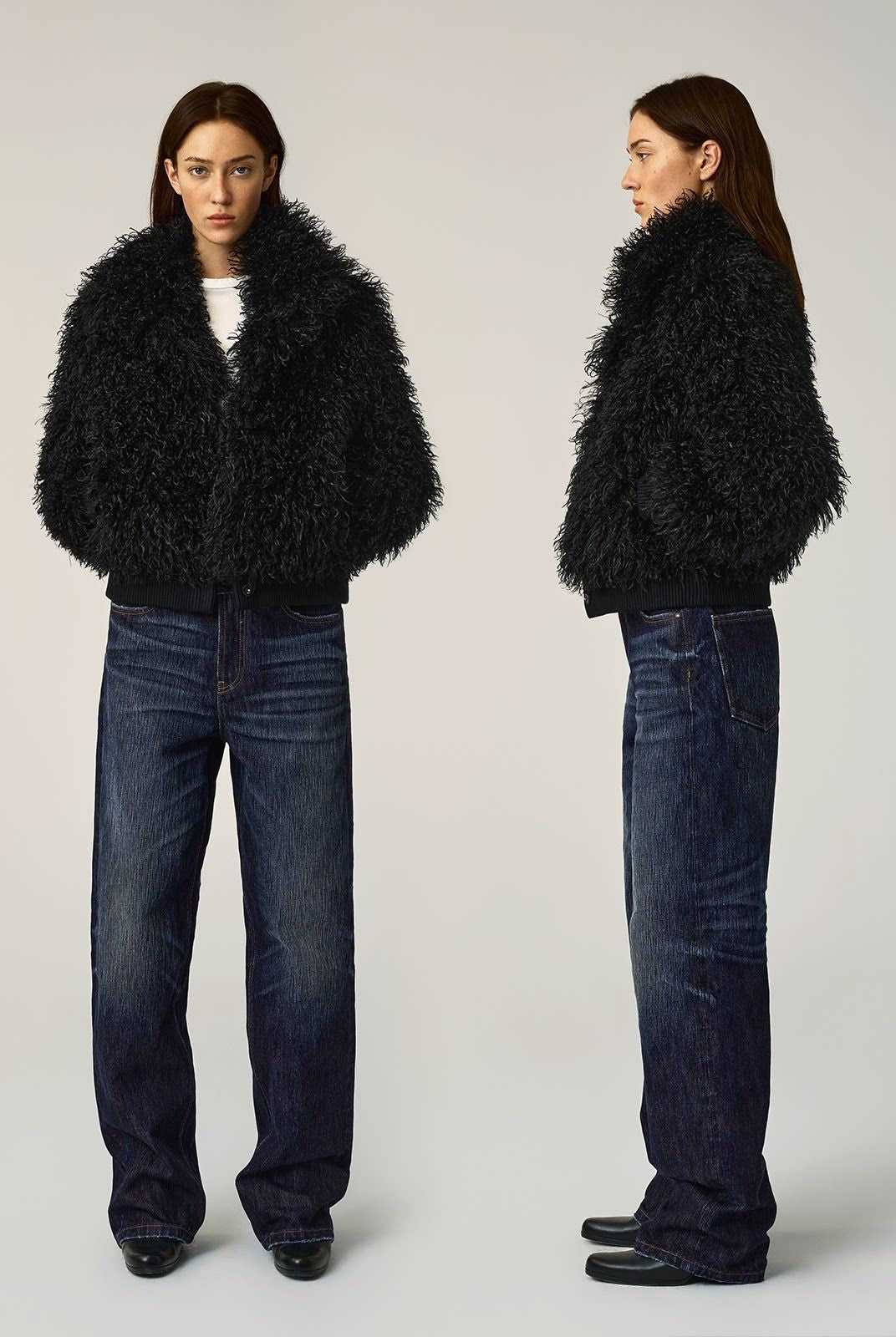 Alright then Faux Mongolian Lamb Fur Jacket in Black - On Model