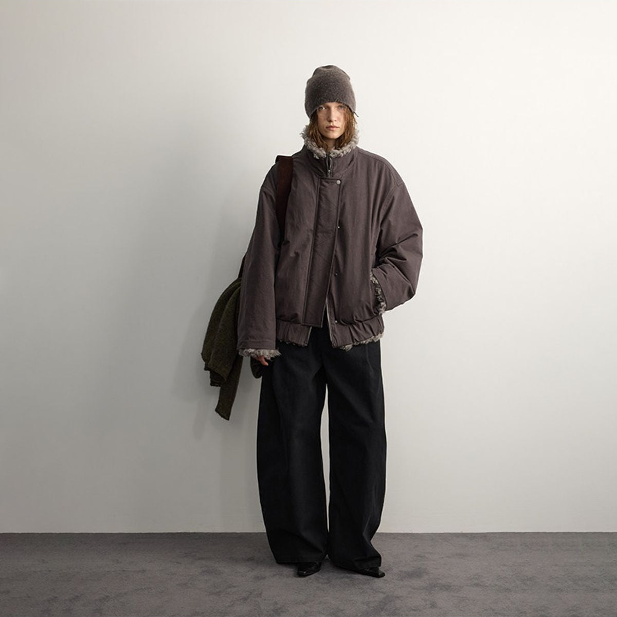 RandomPiece Washed Cotton Wool Padded Jacket in Beige - On Model