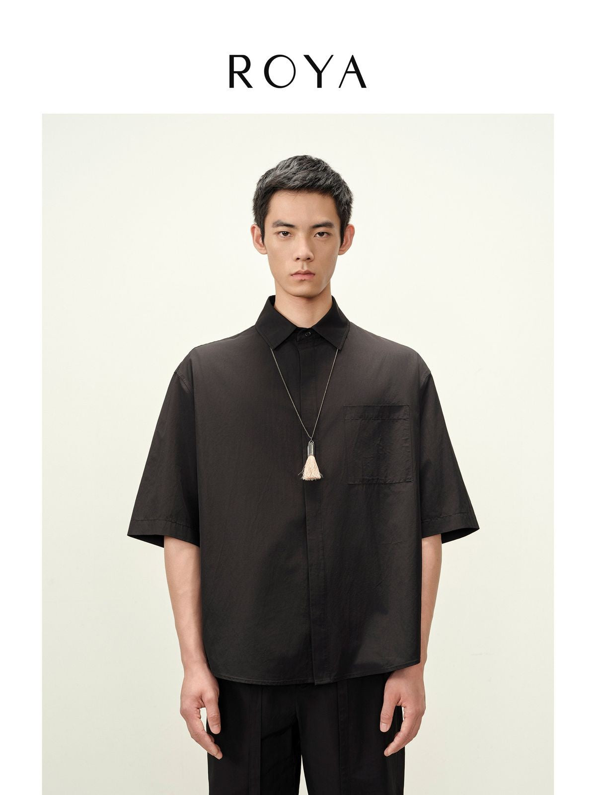 ROYA Silk Blend Hidden Placket Shirt in Black - On Model