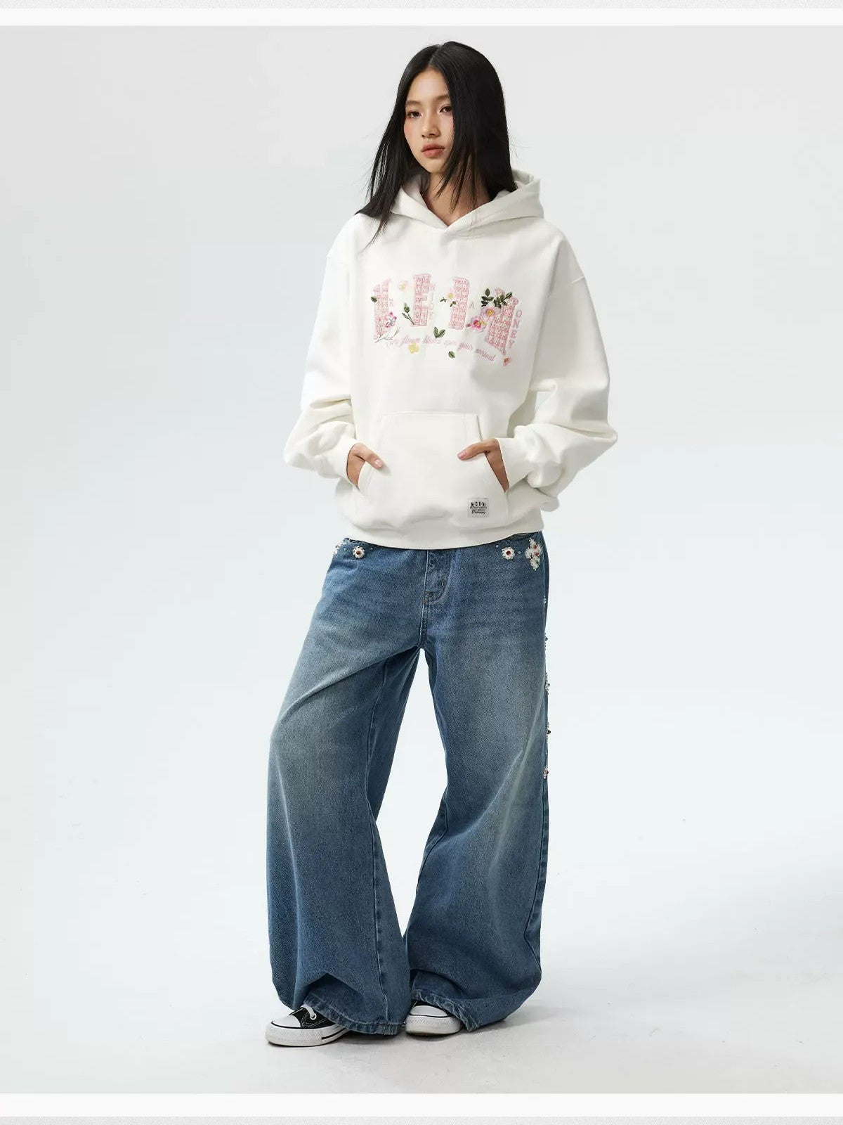 MEDM Floral Patch Fleece Hoodie in White - On Female Model