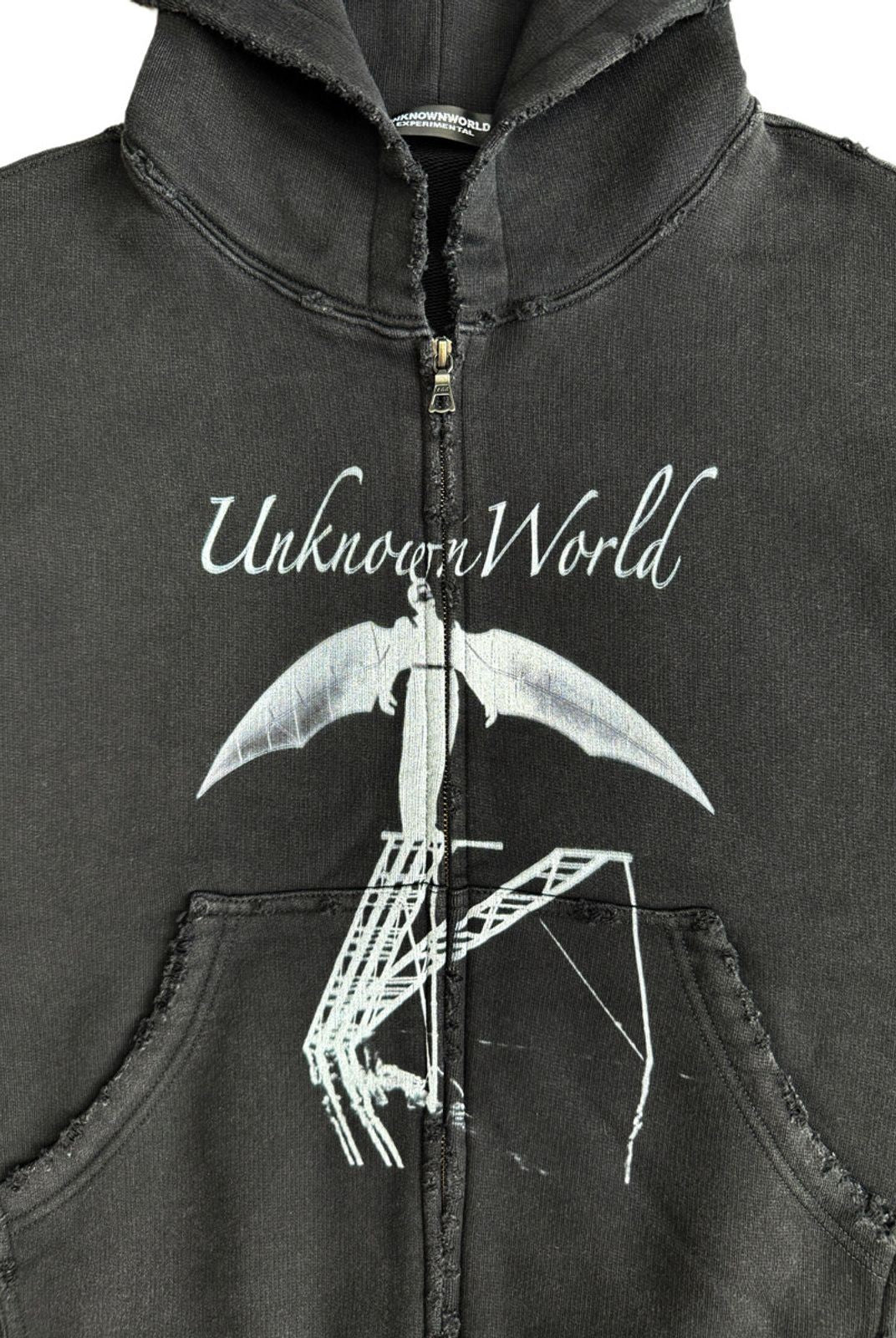 UNKNOWNWORLD Distressed Bat Print Zip Up Hoodie in Black