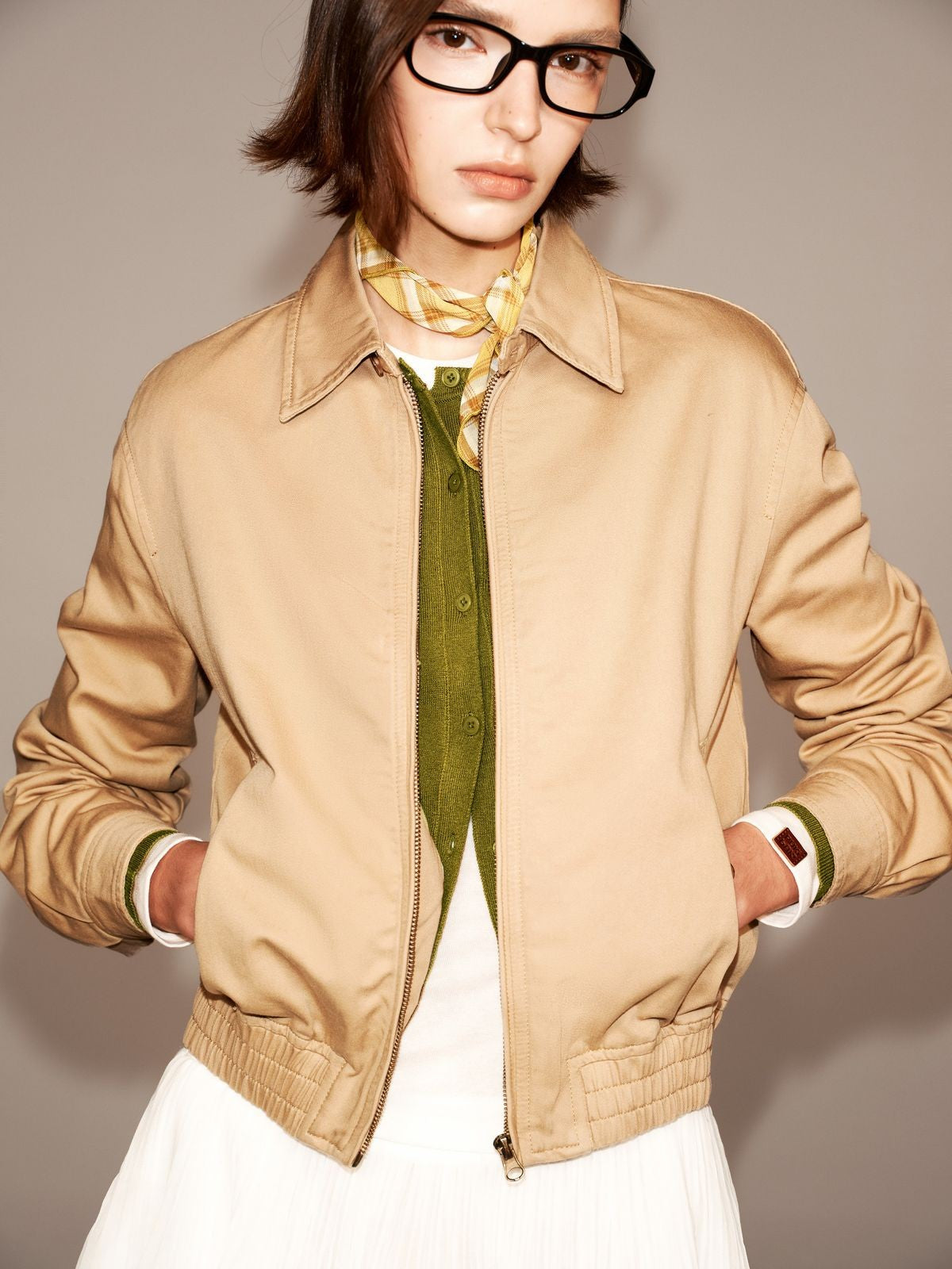 PUKI Washed Cotton Barn Jacket in Khaki - On Model