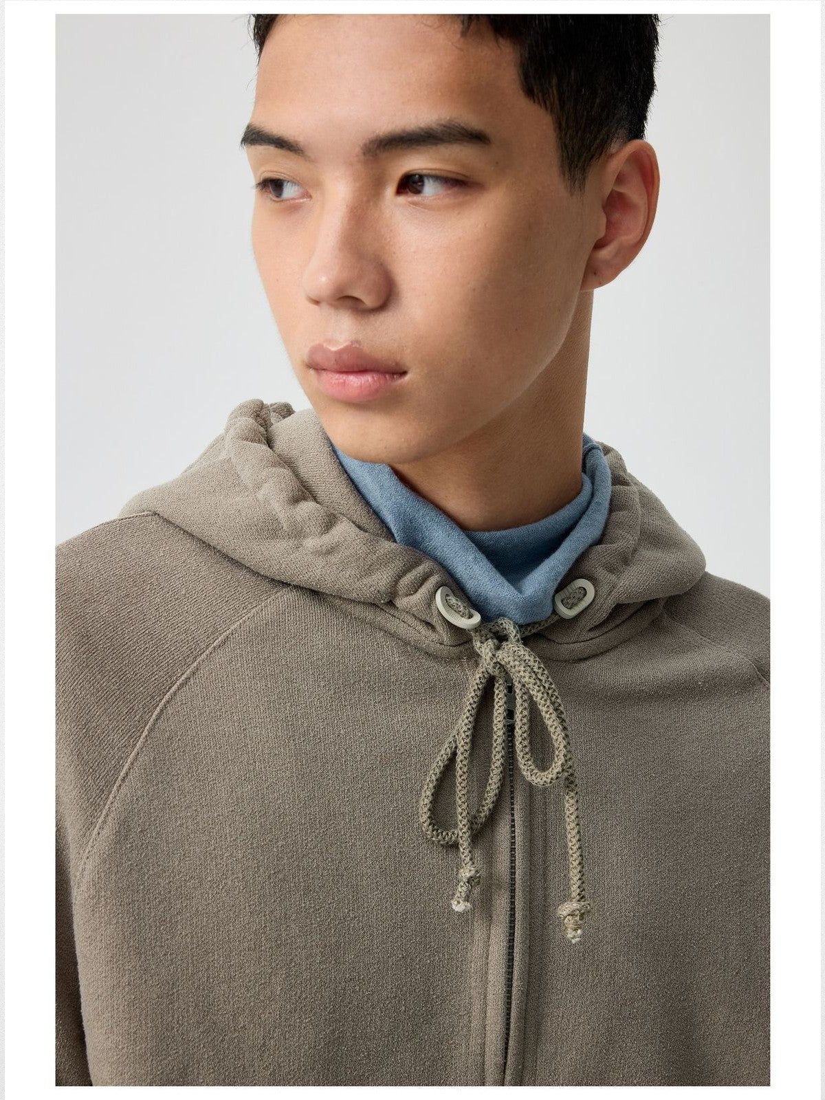 Simple Project Cotton Blend Zip Up Hoodie in Beige - On Male Model