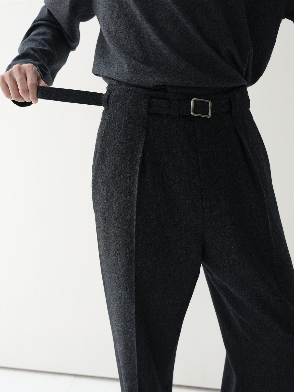 ROYA Belted Double Pleated Wool Trousers in Gray - On Female Model
