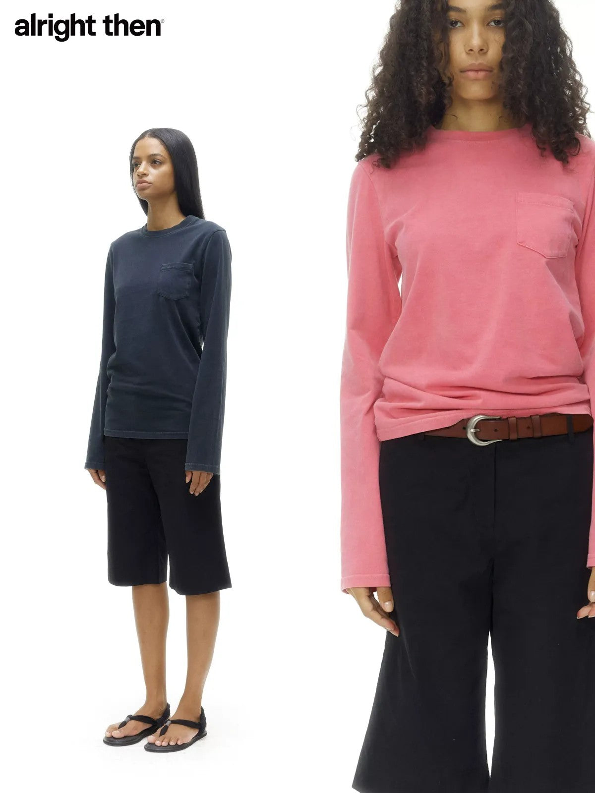 Alright Then Salt Washed Cotton Long Sleeve Tee in Pink - On Model