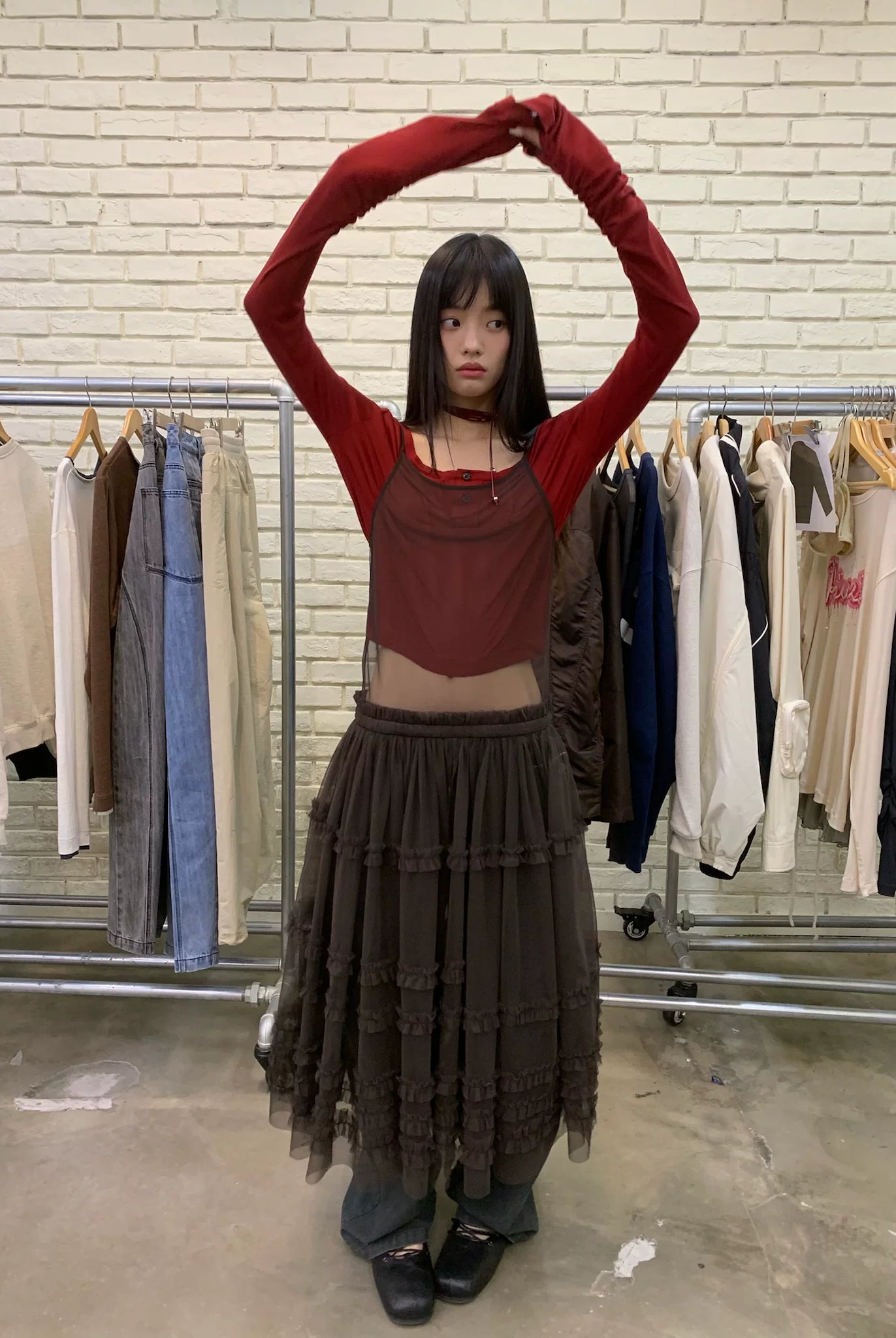 NeverSeez Tiered Ruffle Mesh Maxi Dress in Brown