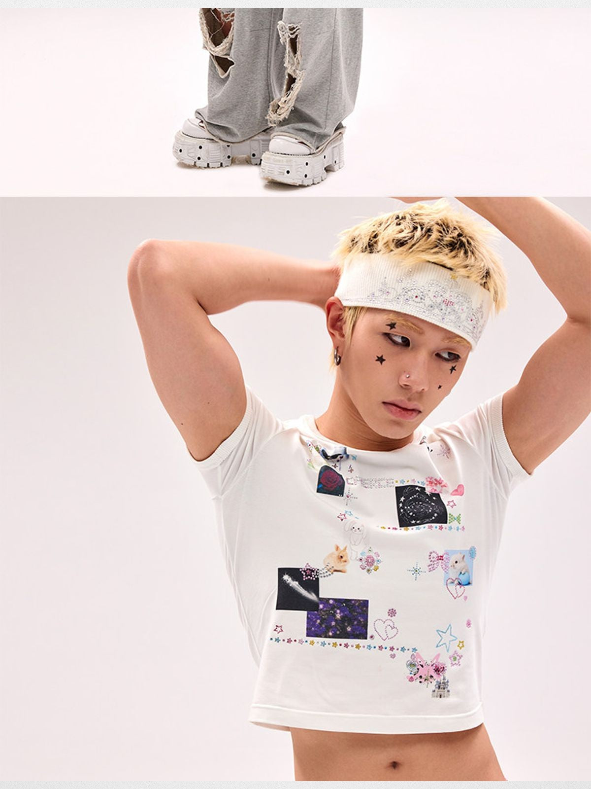 CFIERCE Sticker Print Rhinestone T Shirt in White - On Male Model