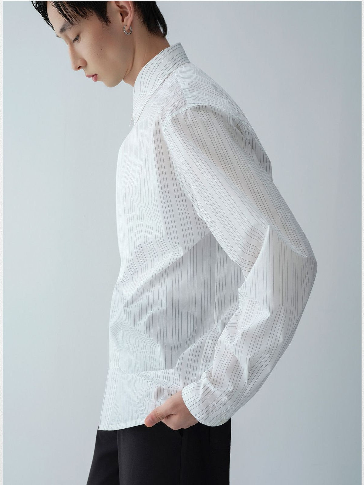 ROYA Hidden Placket Pinstripe Shirt in Black - On Model