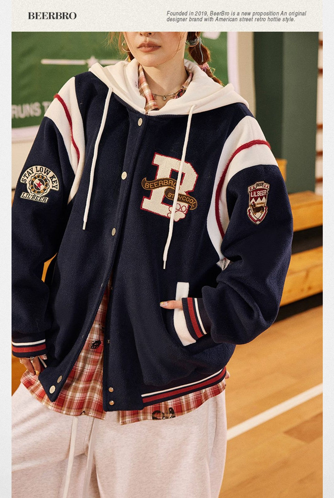 BeerBro Detachable Hood Varsity Jacket in Navy Blue - On Model