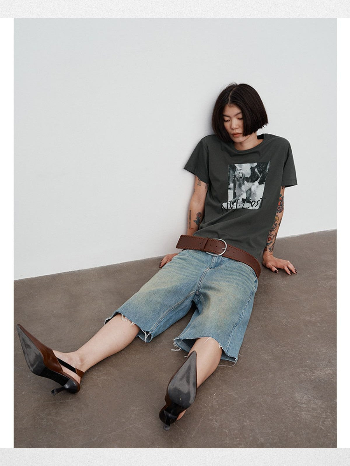 RandomPiece Dog Graphic Print T Shirt in Olive - On Model