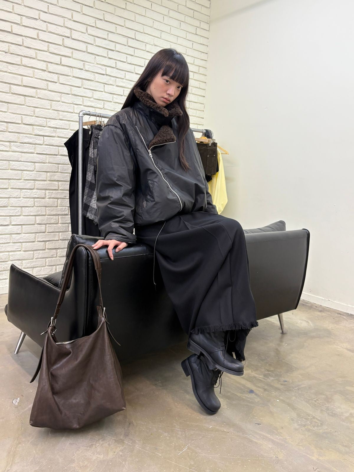 NeverSeez Asymmetric Zip Sherpa Collar Jacket in Black - On Model