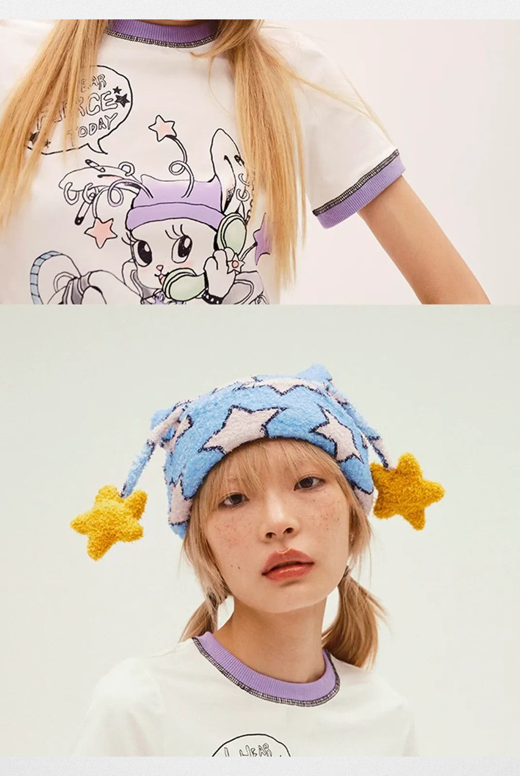 CFIERCE Star Antennae Fuzzy Beanie in Sky Blue - On Model